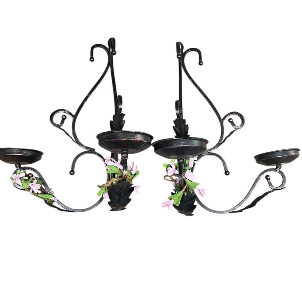 Vintage Bronze Metal Candle Holder Sconce Wall Hanging Floral Accent Decor‎